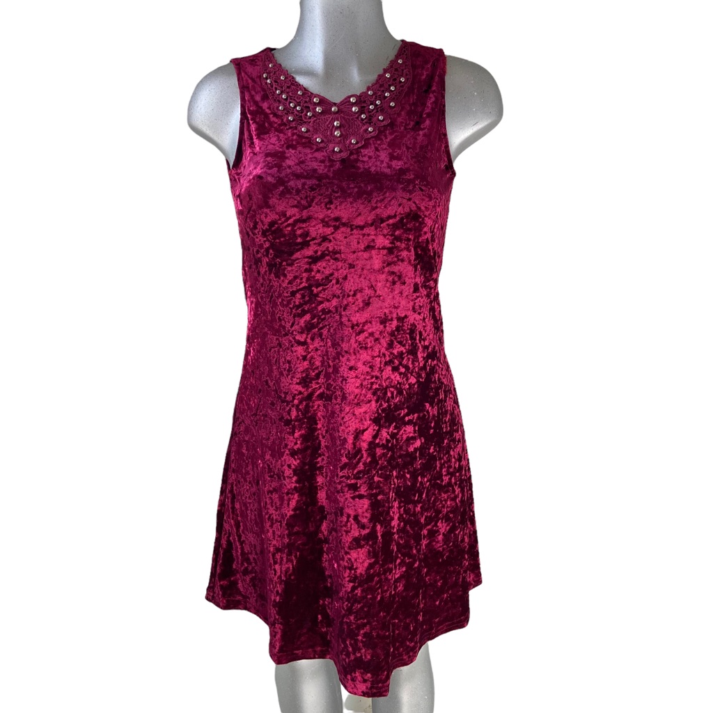 Velvet Fairy-Goth Dress Burgundy Sleeveless Studded Whimsigoth V Hem Neck Sz S/M